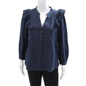 Cefinn Womens Cotton Ruffle Detail Long Sleeve Button Up Blouse Top Navy Size 8
